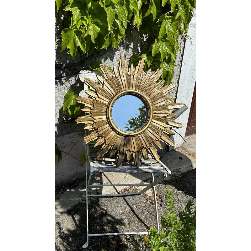 Miroir soleil vintage en Balsa doré, 1960