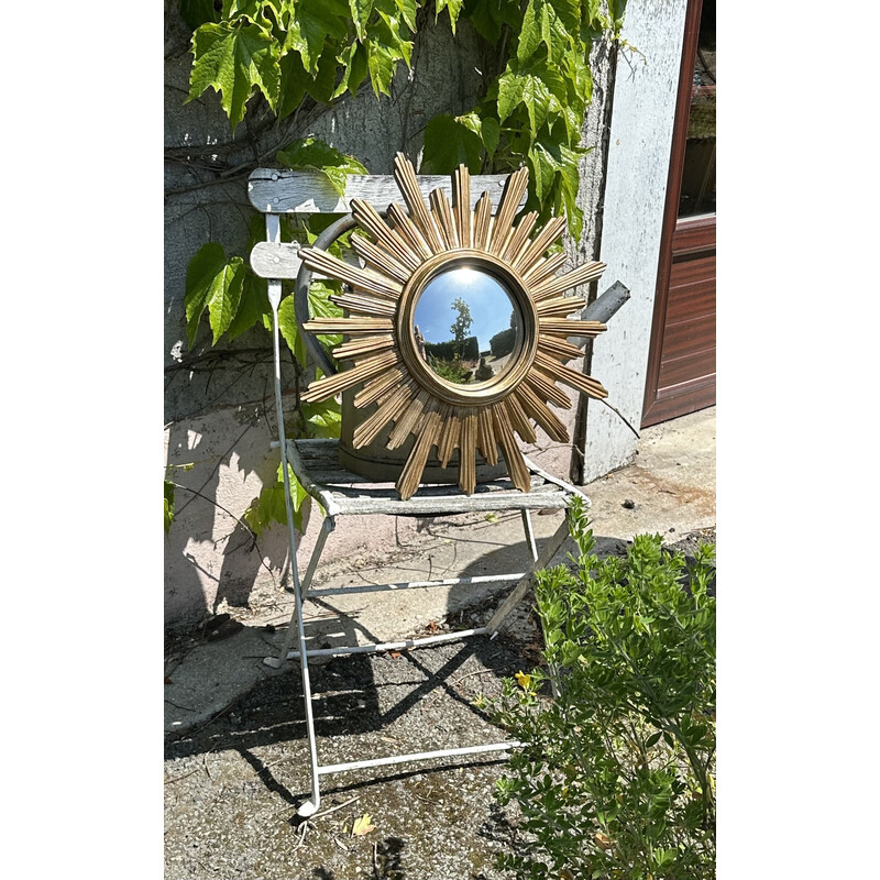 Vintage resin sun mirror with gold patina and witch's eye, 1970