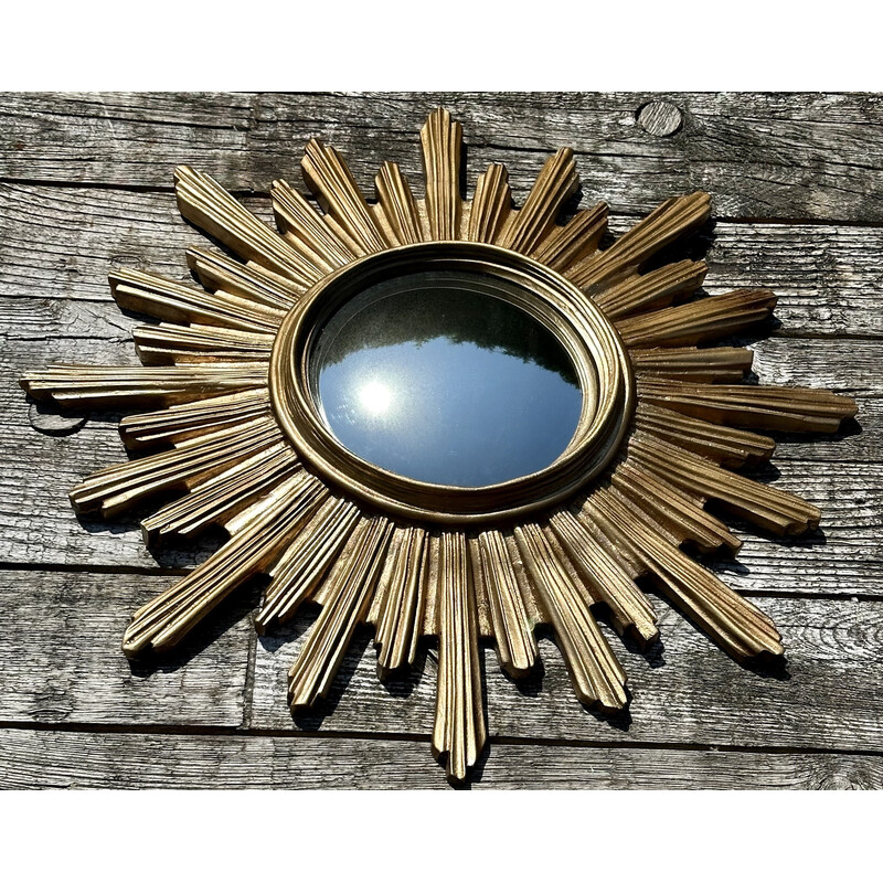 Vintage resin sun mirror with gold patina and witch's eye, 1970