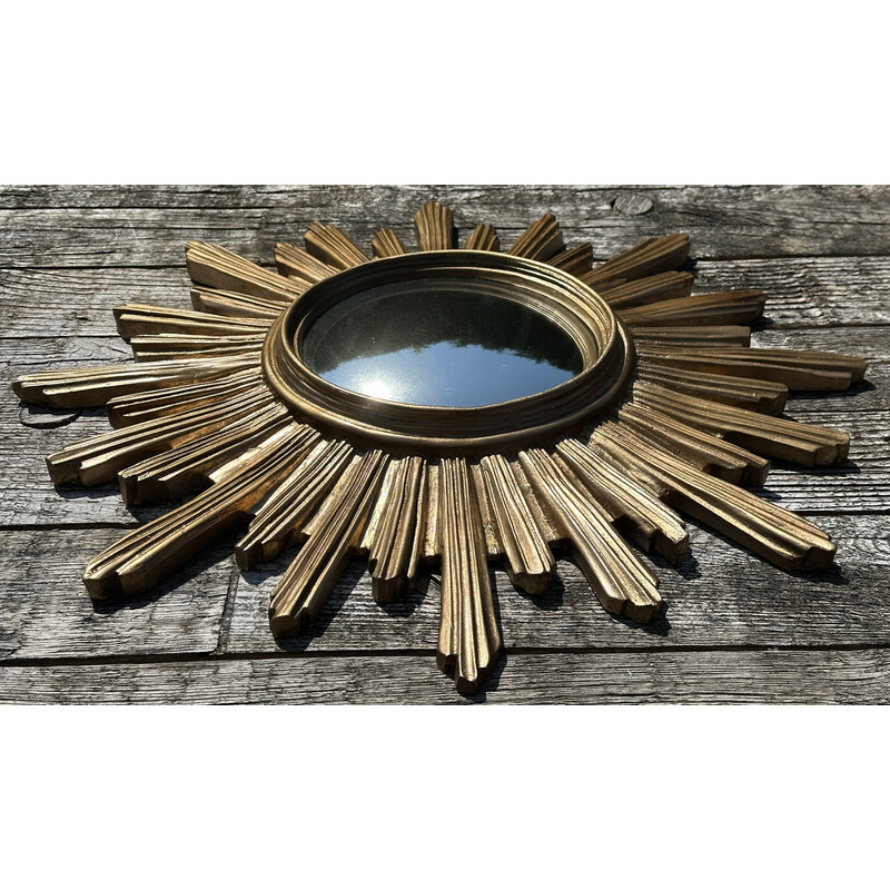 Vintage resin sun mirror with gold patina and witch's eye, 1970