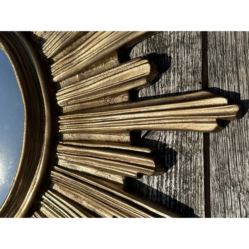 Vintage resin sun mirror with gold patina and witch's eye, 1970