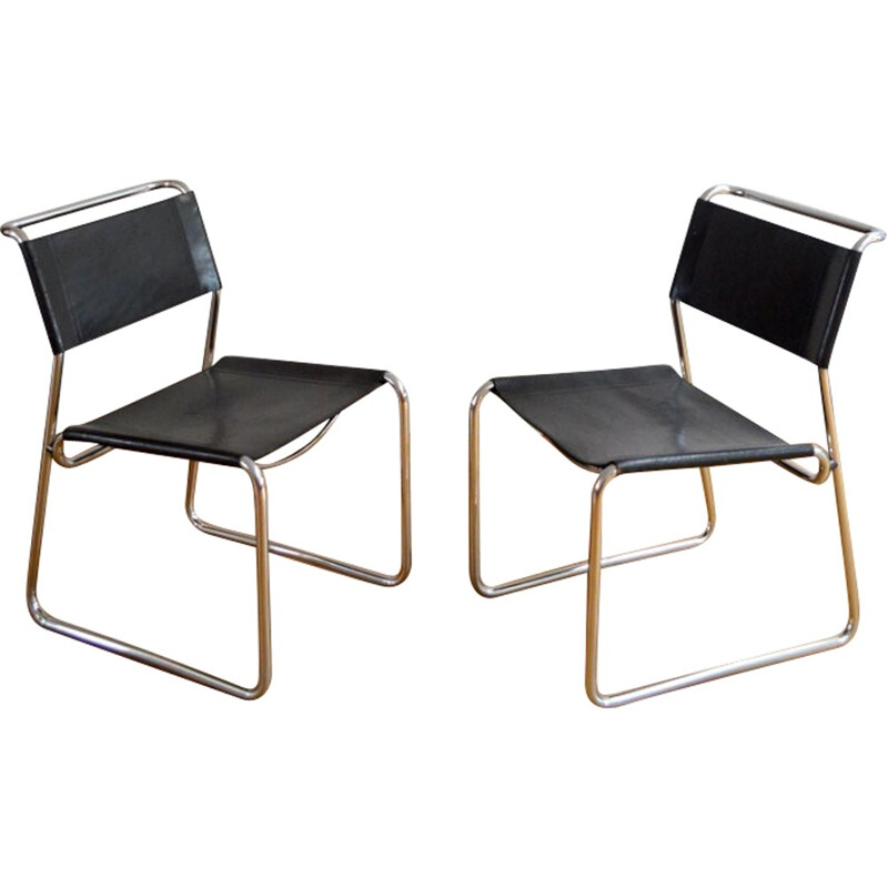 Pair of vintage chairs in chromed metal and leather - 1970s