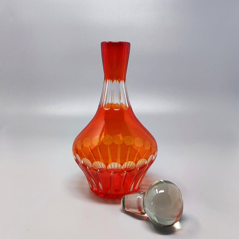 Decanter de cristal vermelho vintage com 6 copos de cristal, Itália 1960