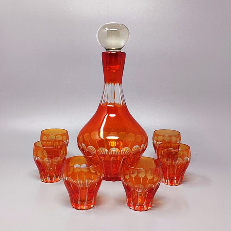 Vintage red crystal decanter with 6 crystal glasses, Italy 1960