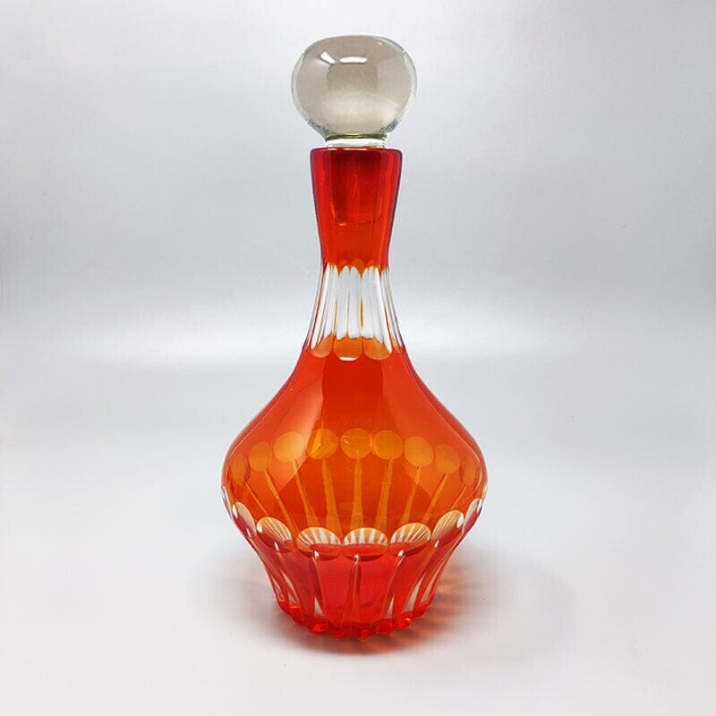 Vintage red crystal decanter with 6 crystal glasses, Italy 1960