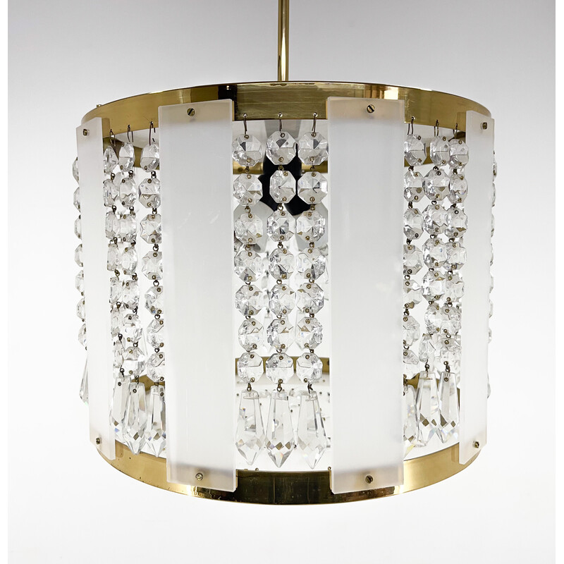 Vintage brass and crystal chandelier by Novy Bydzov Glasswork, Czechoslovakia 1970