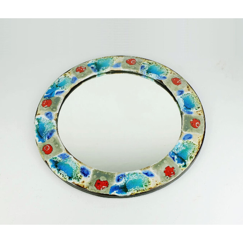 Mid century wall mirror with colorful ceramic frame by Grünstadt-Keramik, Germany 1960-1970s