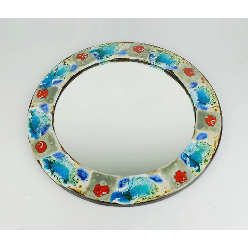 Mid century wall mirror with colorful ceramic frame by Grünstadt-Keramik, Germany 1960-1970s