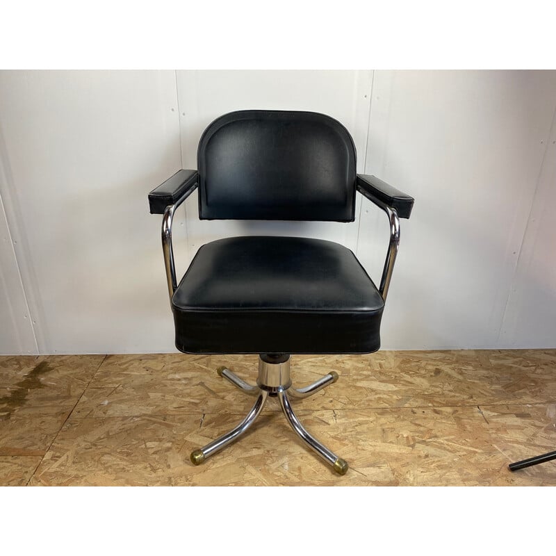 Vintage black leatherette and chrome swivel office chair, 1950