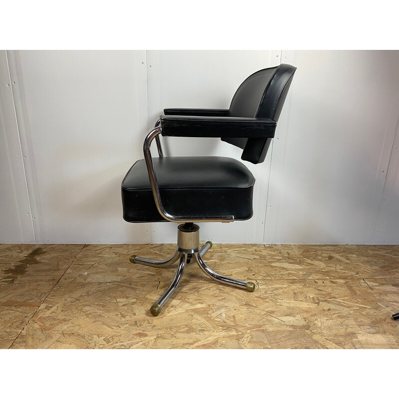 Vintage black leatherette and chrome swivel office chair, 1950