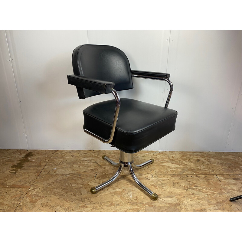 Cadeira de escritório giratória vintage em pele preta e cromada, 1950