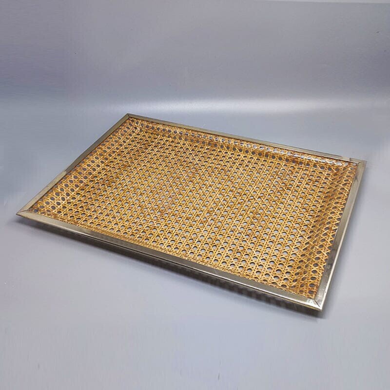 Vintage rectangular tray in Viennese straw by Jolel, Italy 1970s