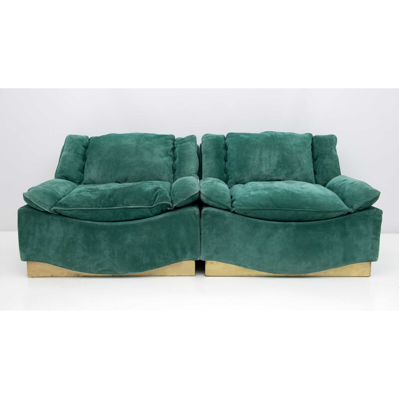 Pair of mid-century suede armchairs and footrest by Luciano Frigerio, 1970s