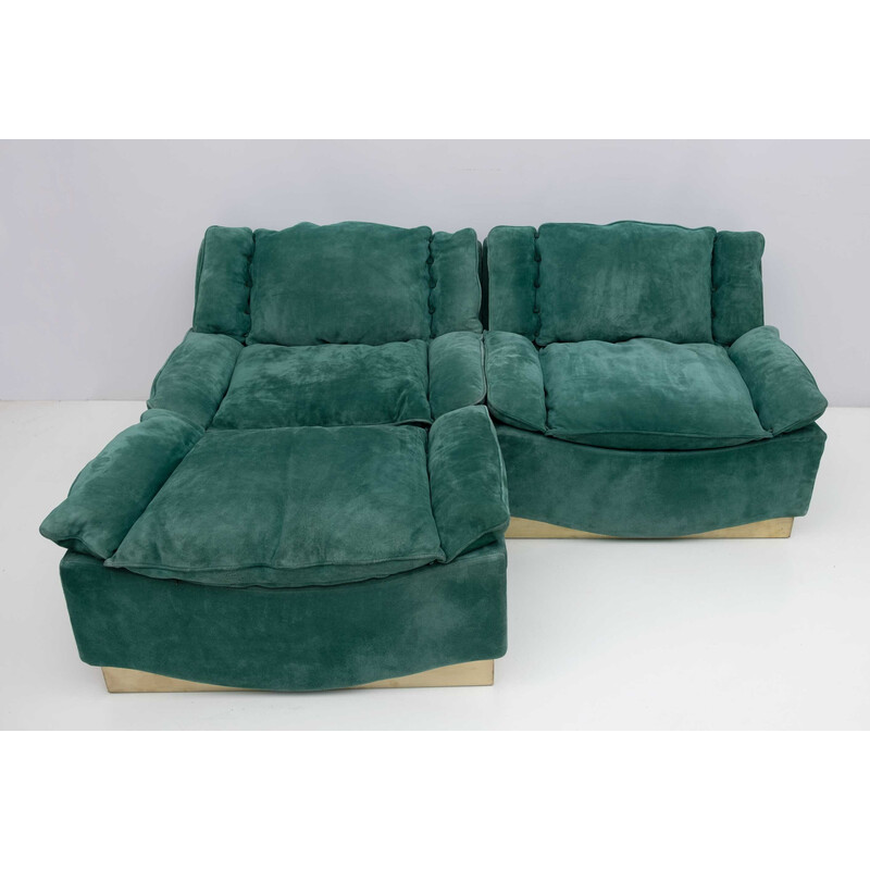 Pair of mid-century suede armchairs and footrest by Luciano Frigerio, 1970s