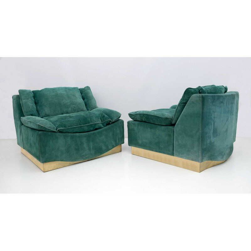 Paire de fauteuils et repose-pieds vintage en daim par Luciano Frigerio, 1970