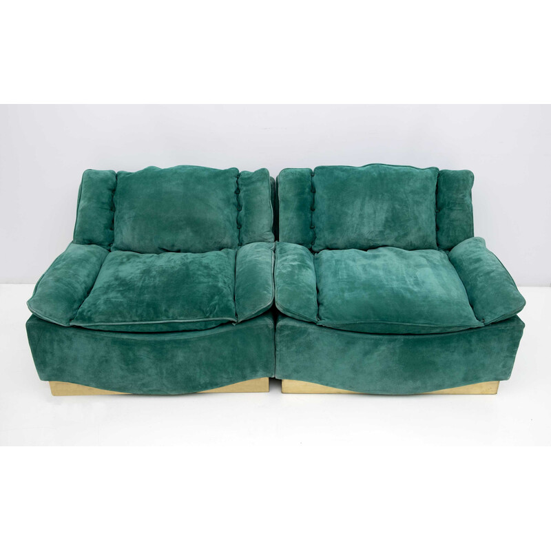 Pair of mid-century suede armchairs and footrest by Luciano Frigerio, 1970s