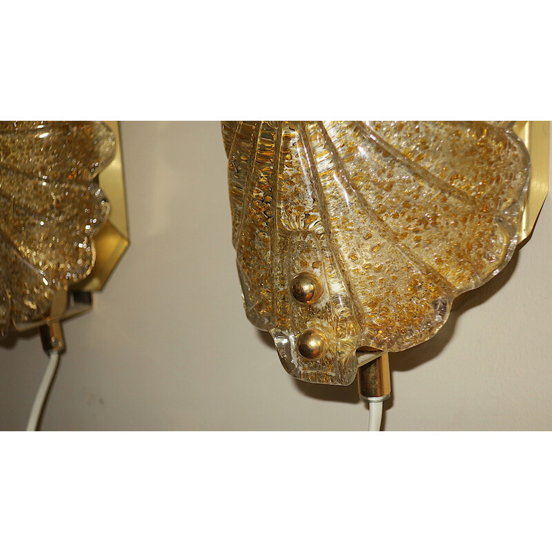 Pair of vintage Murano glass wall lamps speckled with gold and brass, Italy 1970