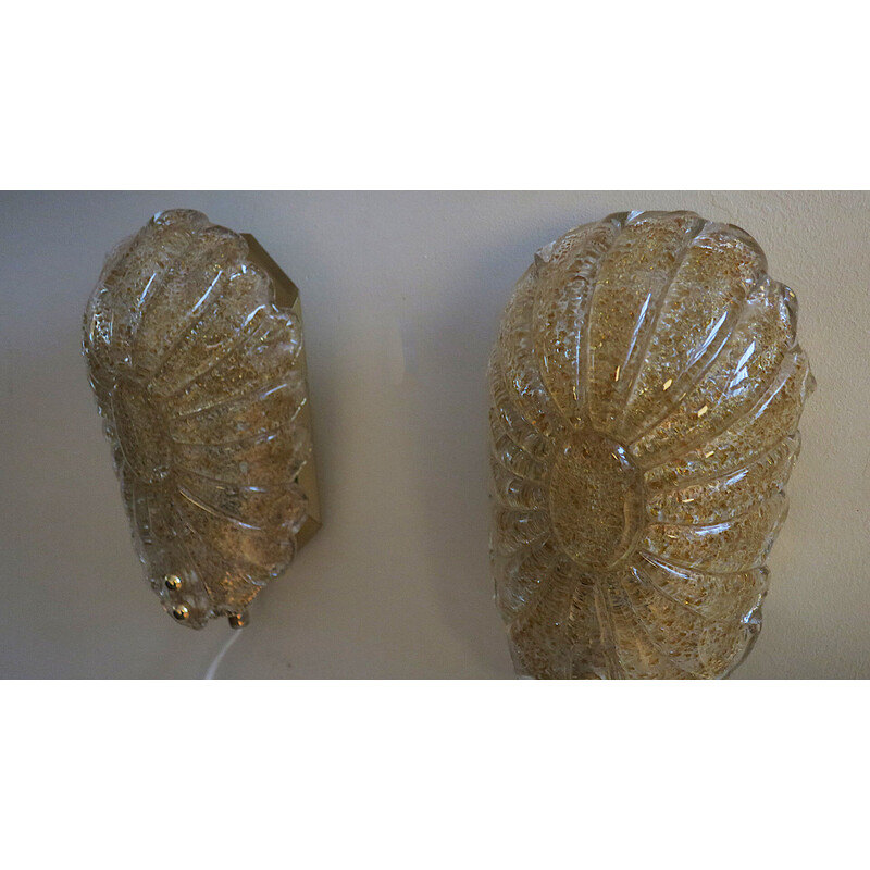 Pair of vintage Murano glass wall lamps speckled with gold and brass, Italy 1970