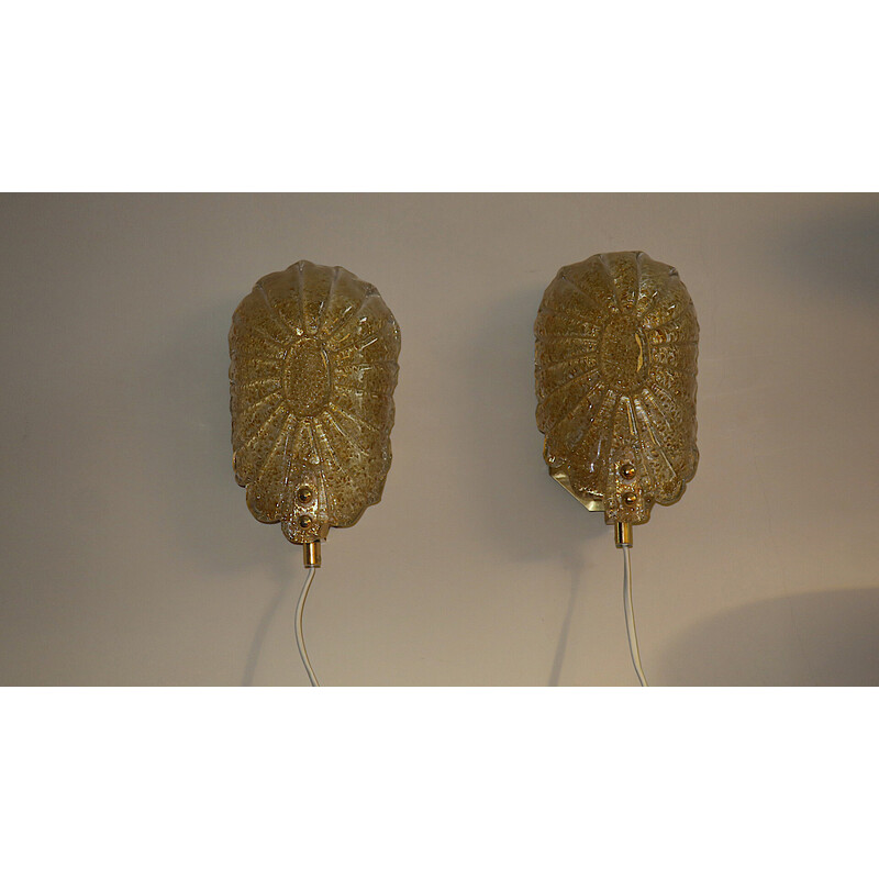 Pair of vintage Murano glass wall lamps speckled with gold and brass, Italy 1970