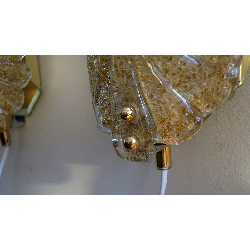 Pair of vintage Murano glass wall lamps speckled with gold and brass, Italy 1970