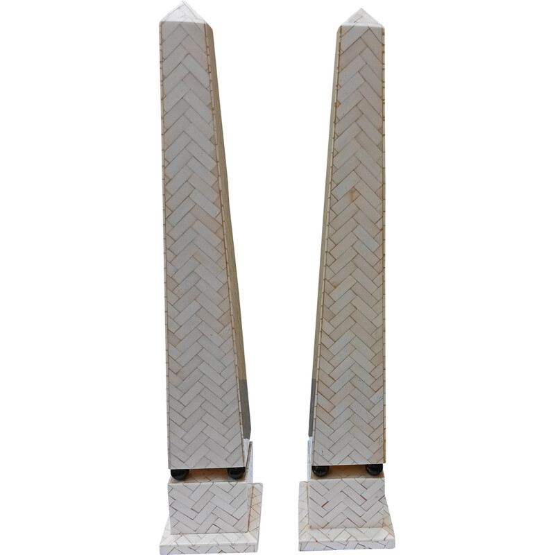 Pair of vintage bone marquetry obelisks by Jansen, 1970