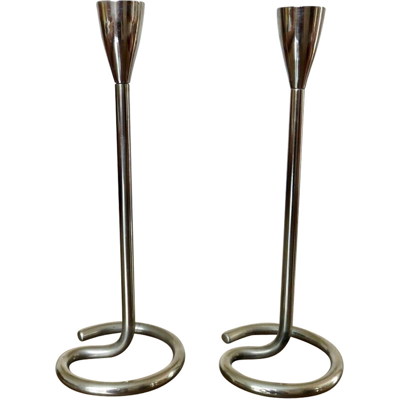 Pair of vintage modernist chrome-plated brass candlesticks, 1970