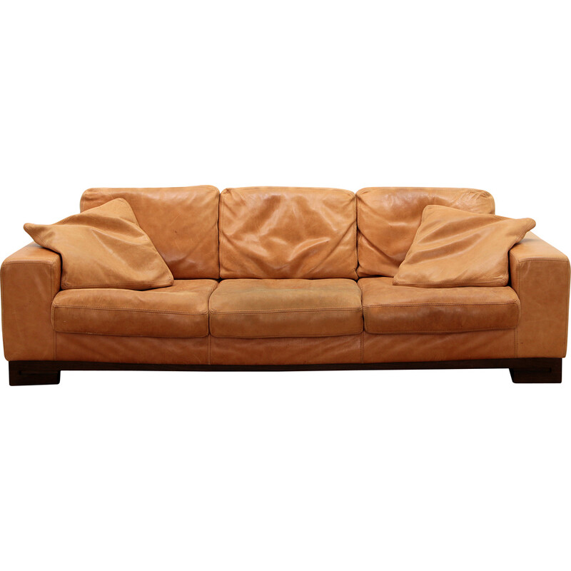 Vintage cognac color leather three-seater sofa by Casanova, Italy 1970