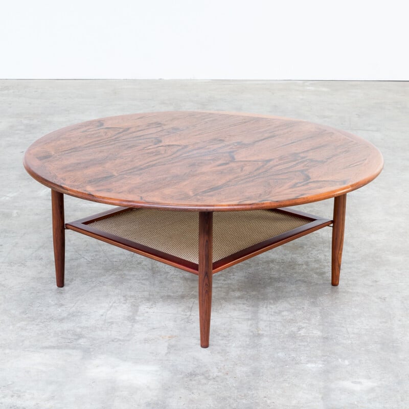 Rosewood round coffee table with caned insert - 1970s