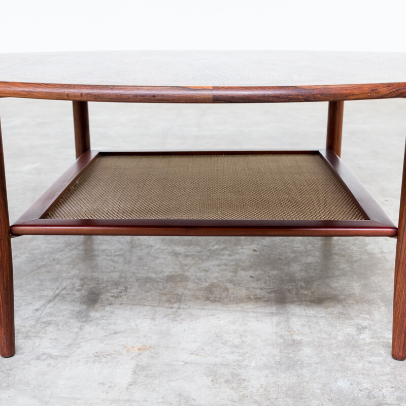 Rosewood round coffee table with caned insert - 1970s