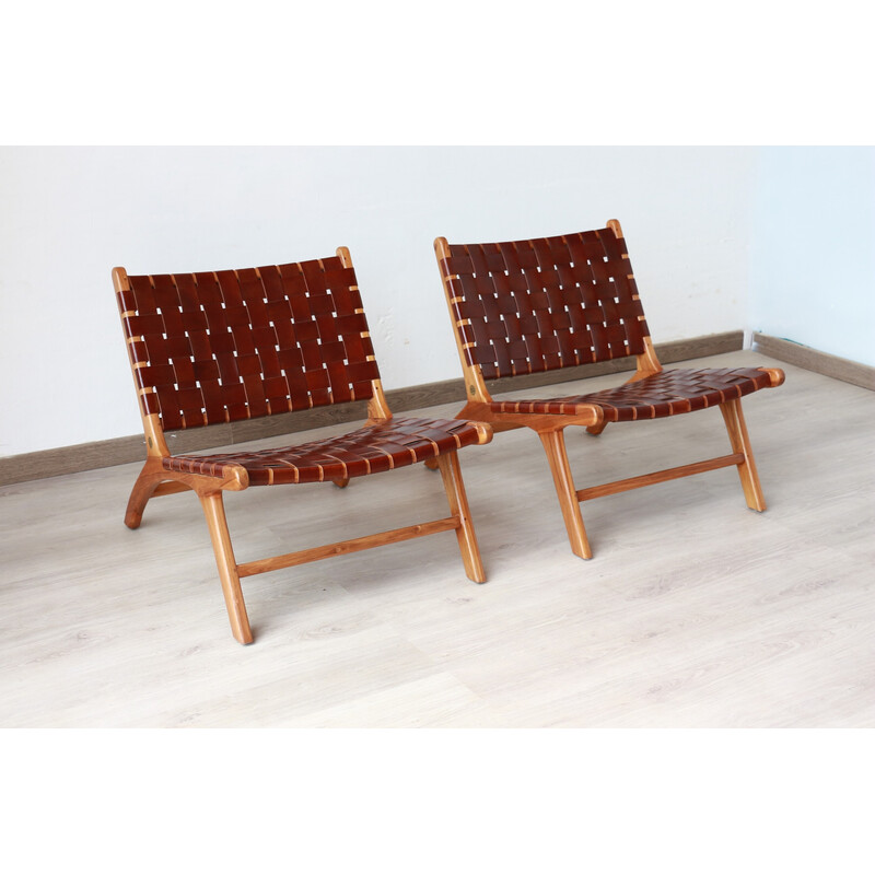 Pair of vintage teak and leather "Los Angeles" armchairs by Olivier de Schrijver