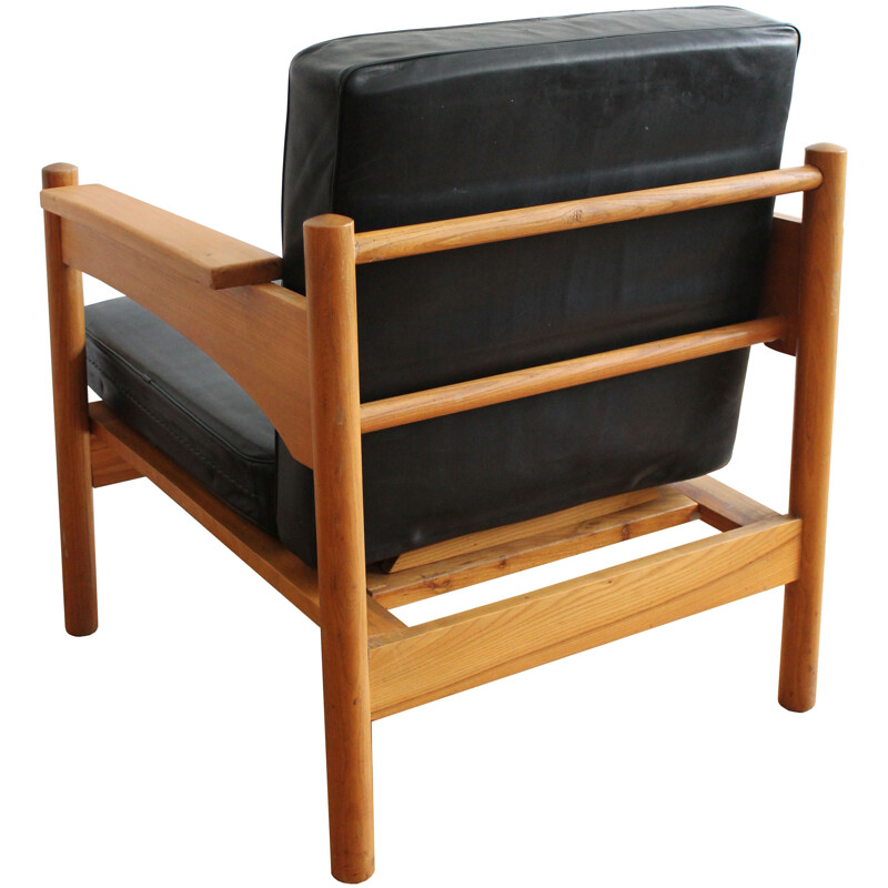 Lot de deux fauteuils en cuir noir -  1970