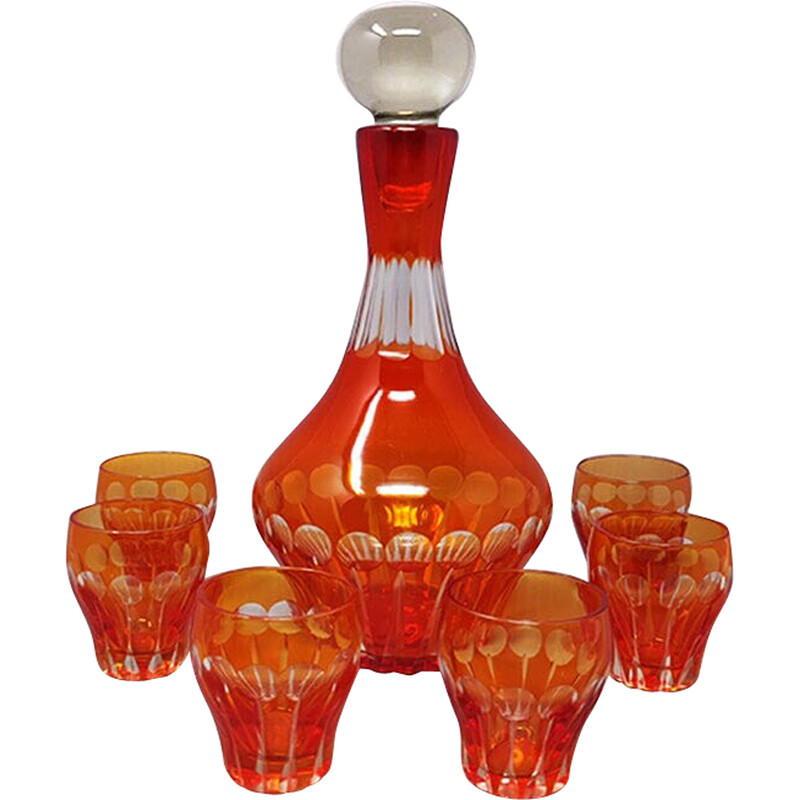 Vintage red crystal decanter with 6 crystal glasses, Italy 1960