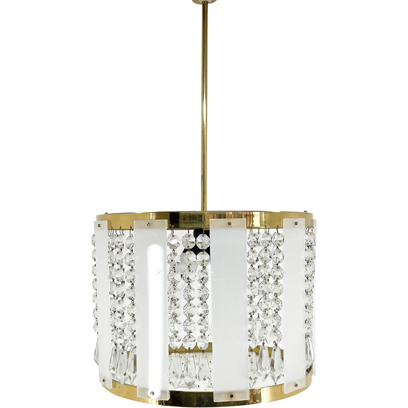 Vintage brass and crystal chandelier by Novy Bydzov Glasswork, Czechoslovakia 1970