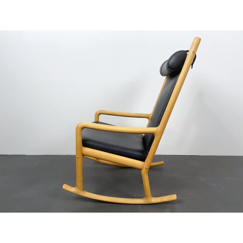 Vintage rocking chair in beech wood and leather by Hans Olsen for Juul Kristensen, Denmark 1970