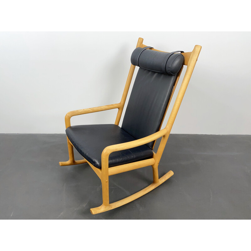 Vintage rocking chair in beech wood and leather by Hans Olsen for Juul Kristensen, Denmark 1970