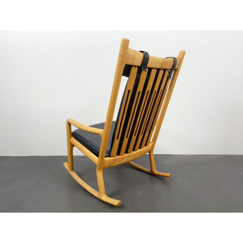 Vintage rocking chair in beech wood and leather by Hans Olsen for Juul Kristensen, Denmark 1970