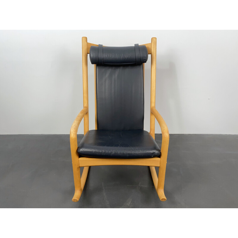 Vintage rocking chair in beech wood and leather by Hans Olsen for Juul Kristensen, Denmark 1970