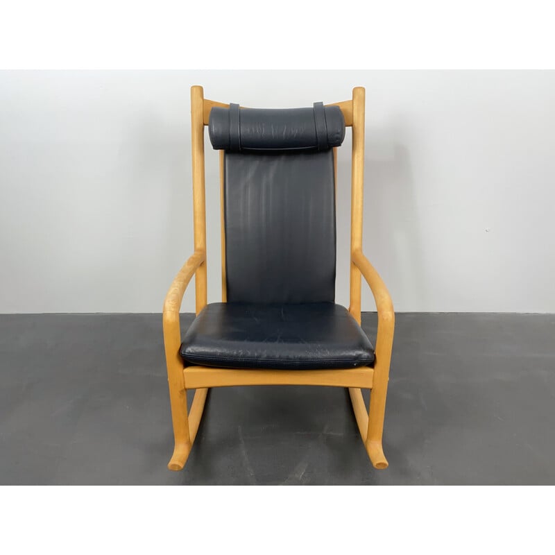 Vintage rocking chair in beech wood and leather by Hans Olsen for Juul Kristensen, Denmark 1970