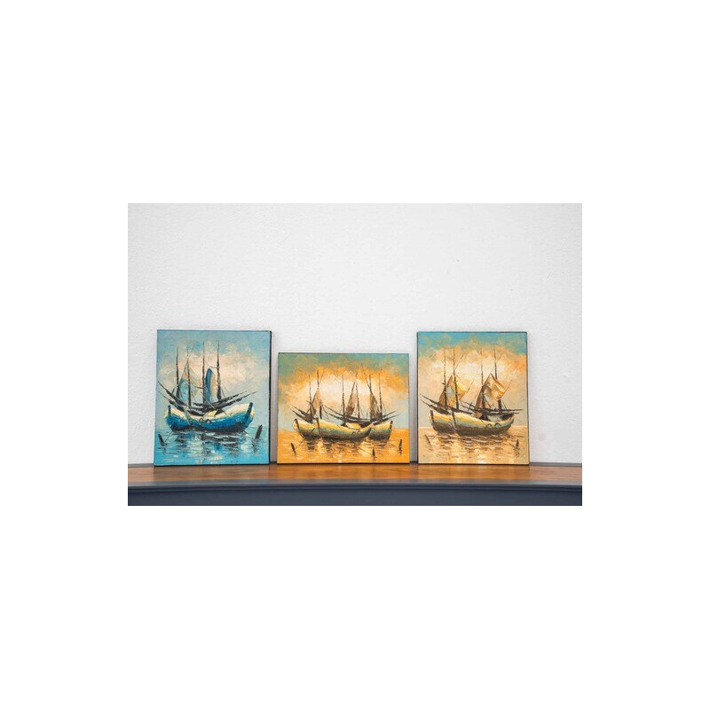 Set van 3 vintage acrylverf op canvas boot op het water, jaren 2000