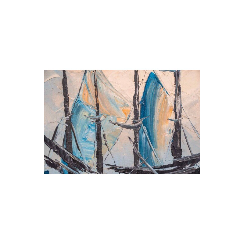 Set of 3 vintage acrylic on canvas boat on the water, 2000s