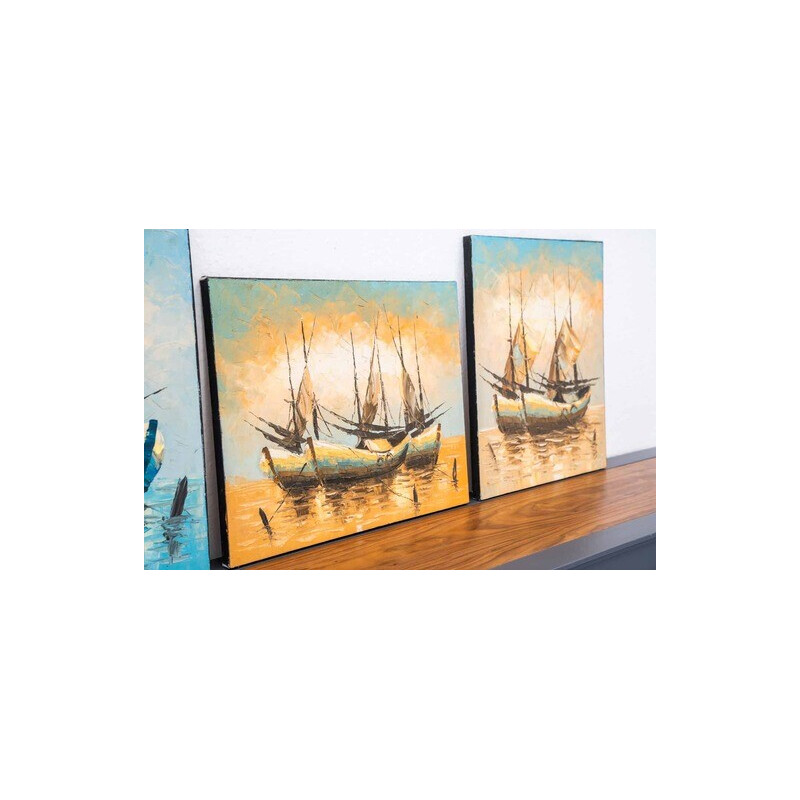 Set van 3 vintage acrylverf op canvas boot op het water, jaren 2000