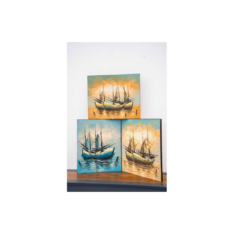 Conjunto de 3 vintage acrílico sobre lienzo barco en el agua, 2000s