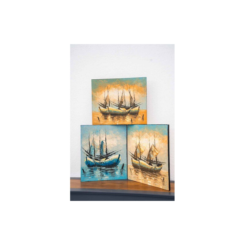 Set of 3 vintage acrylic on canvas boat on the water, 2000s