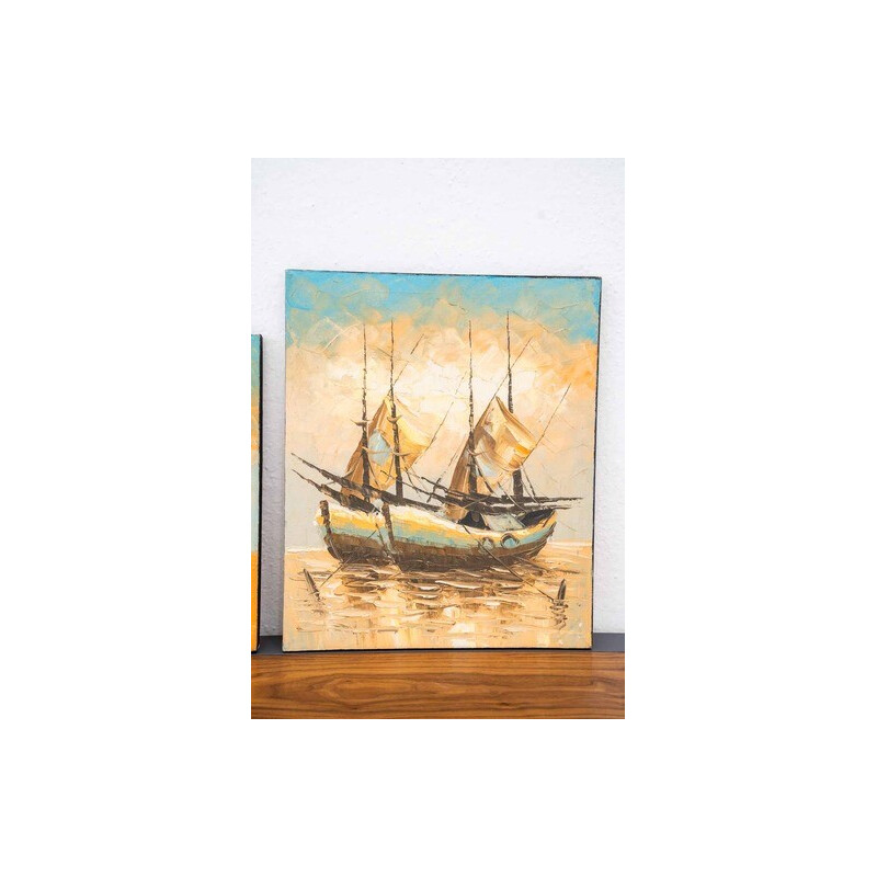 Ensemble de 3 acryliques sur toile vintage bateau sur l'eau, 2000
