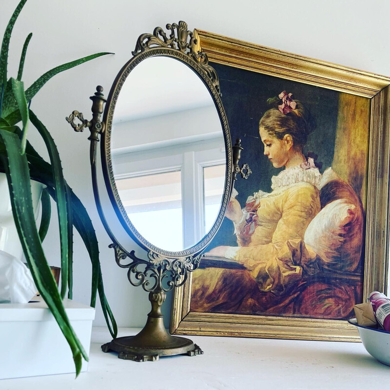 Vintage brass table mirror