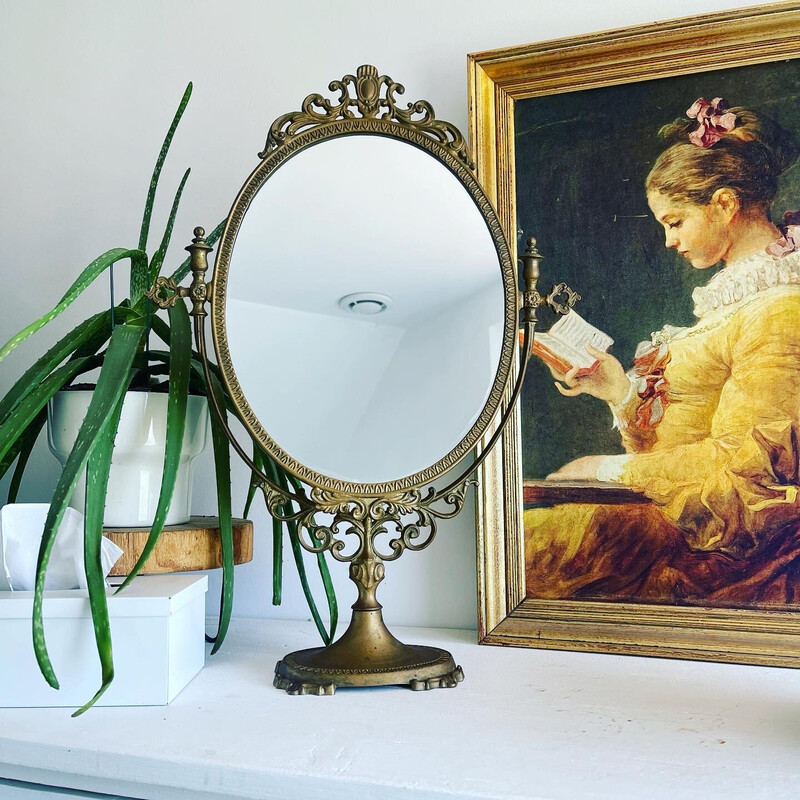 Vintage brass table mirror