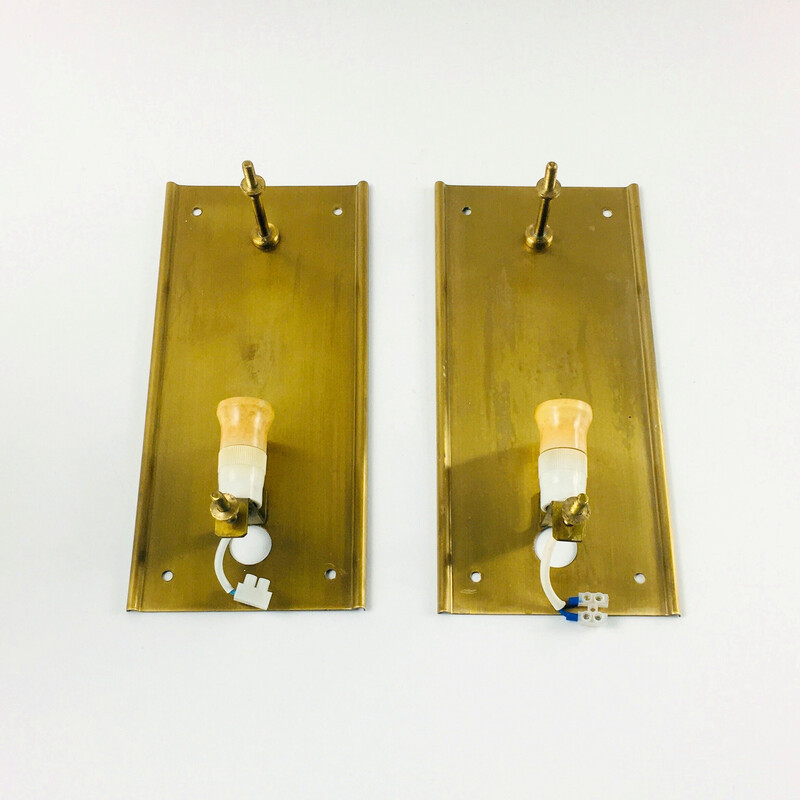 Pair of vintage scandinavian wall lamps in glass and brass by Carl Fagerlund for Orrefors and Lyfa, 1960