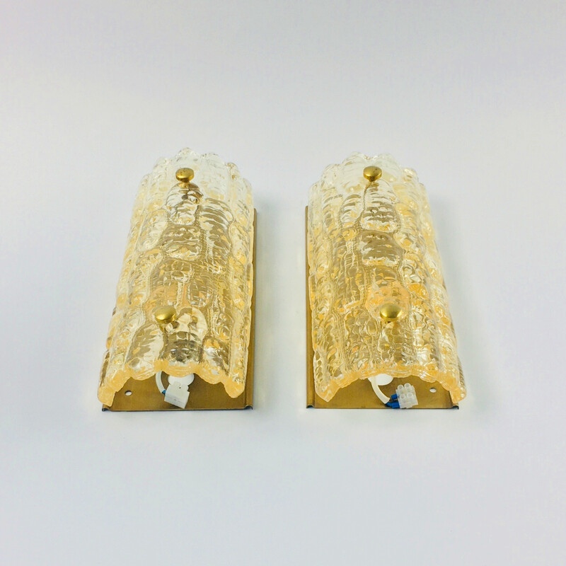 Pair of vintage scandinavian wall lamps in glass and brass by Carl Fagerlund for Orrefors and Lyfa, 1960