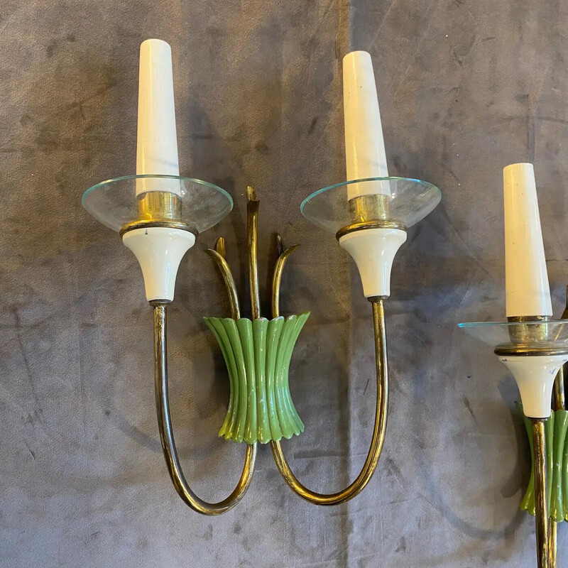 Paar vintage messing en groen metalen wandlampen, Italië 1950