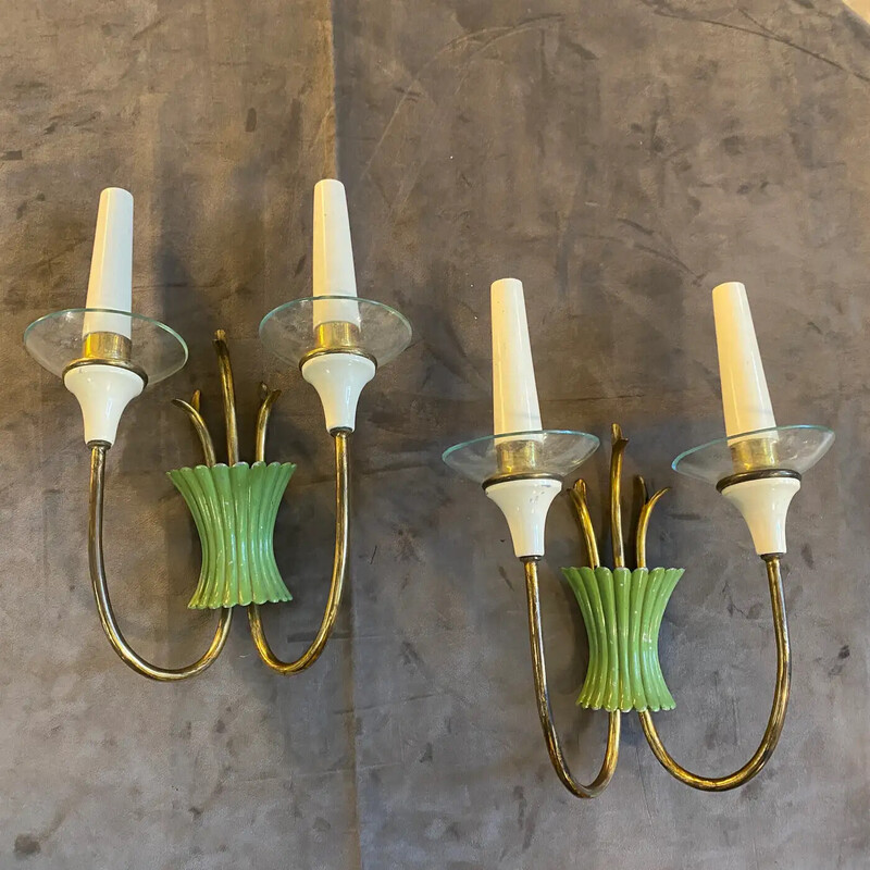 Pair of vintage brass and green metal wall lamps, Italy 1950